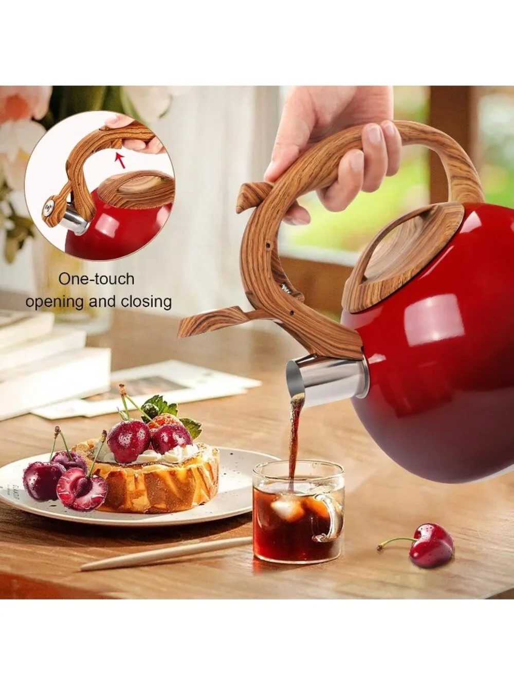 Kitchen Cherry Red Boiling Water Coffee or Milk Wood Pattern Handle Tea Kettle